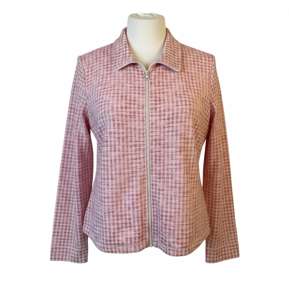 Talbots Zip Up Jacket Womens XL Pink Gingham Check Sweater